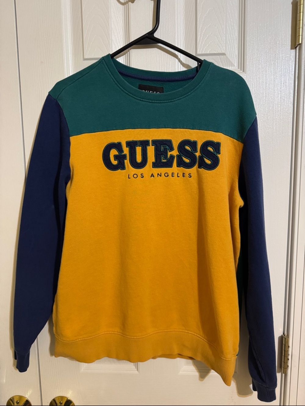 GUESS Colorblock Crewneck Sweatshirt in Green/Yellow/Navy